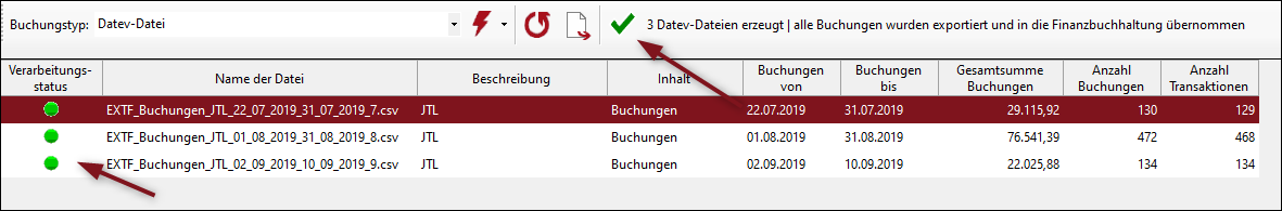 Auswahlliste nach erfolgreicher Übertragung nach Datev