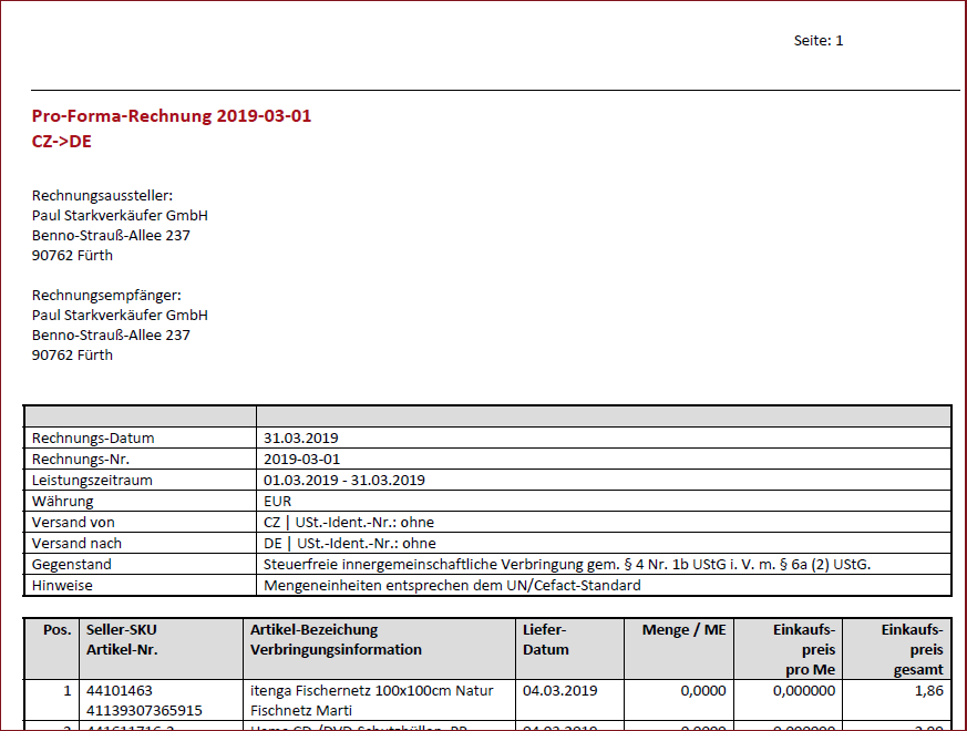 Beispiel für ProFormaRechnung