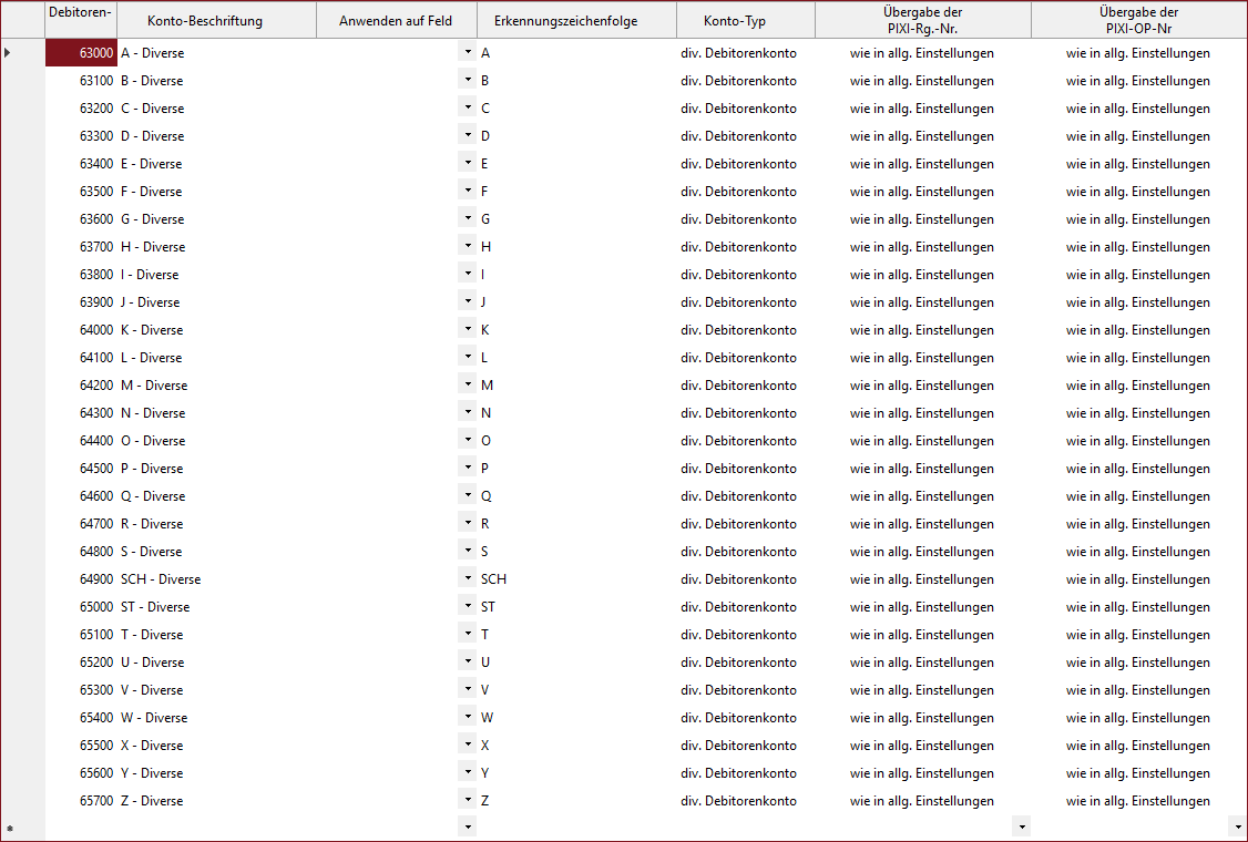 von Nexus angelegte diverse Debitorenkonten PIXI