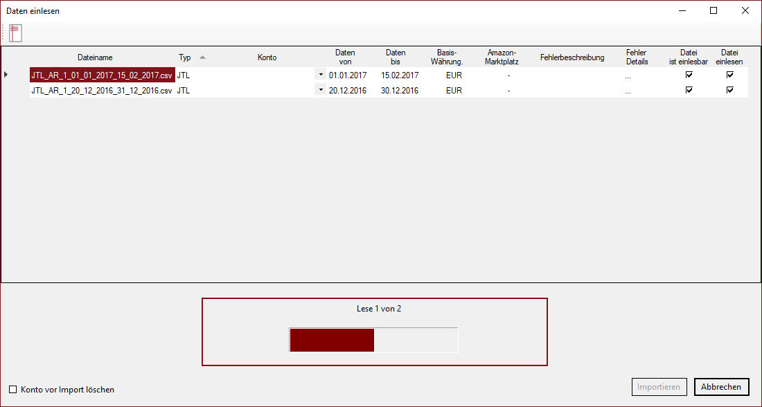 ANzeige des Importverlaufs