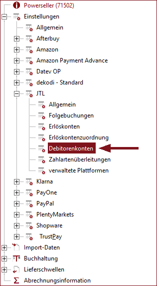 Auswahl der Debitorenkonteneinstellungen über den Strukturbaum&nbsp;
