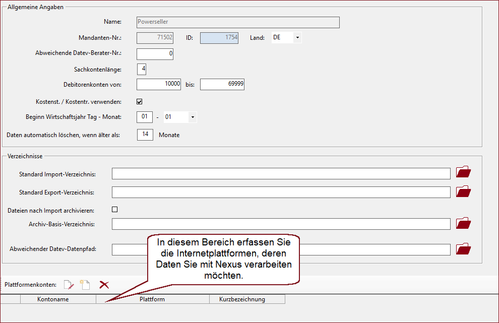 Bereich für die Anlage der Konten für die einzelnen Internetplattformen