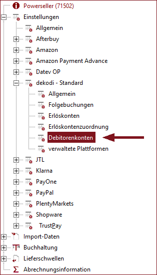 Auswahl der Debitorenkonteneinstellungen über den Strukturbaum dekodi