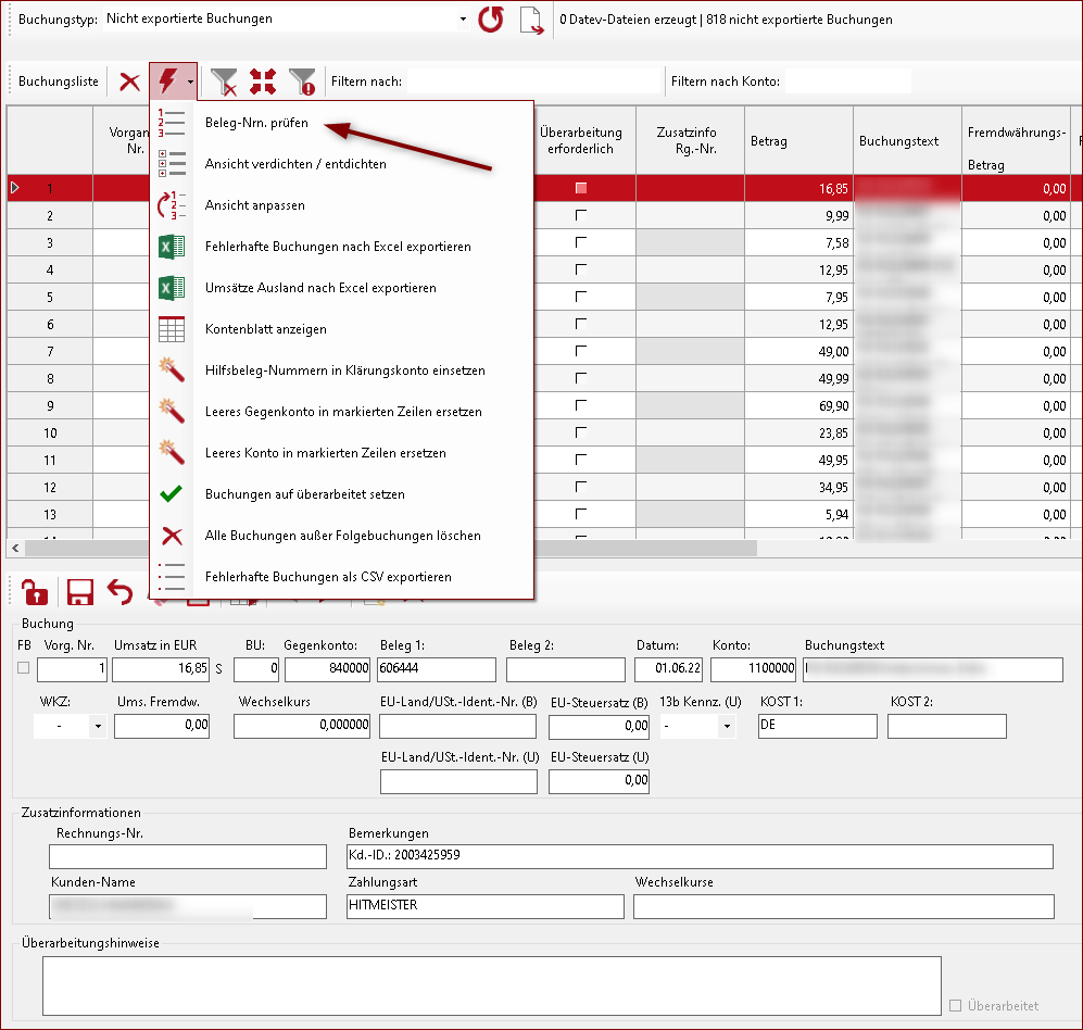 Belegnummernprüfung starten