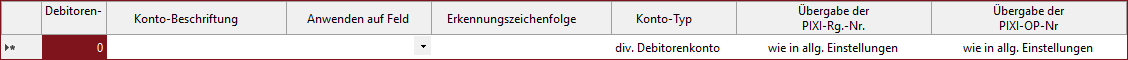 Neue Datenzeile zur Eingabe eines Debitorenkontos PIXI