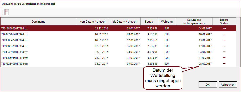 Auswahl der zu verbuchenden Importdaten - Zahlsystem mit periodischer Sammelzahlung (z. B. Amazon)