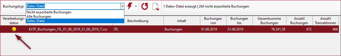Buchungsbereich Anzeige mit bereits erzeugten Datev-Dateien