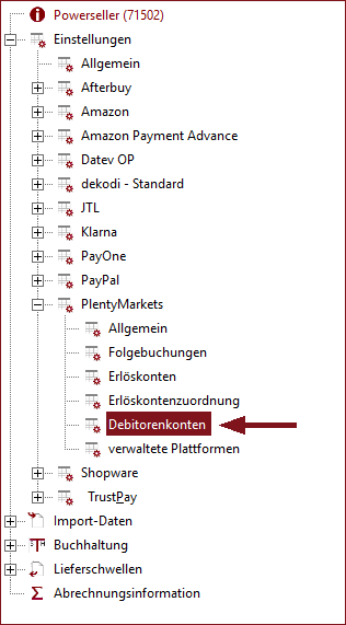 Auswahl der Debitorenkonteneinstellungen über den Strukturbaum