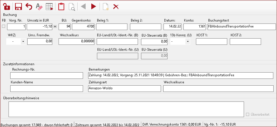 Einzelanzeige eines Buchungssatzes