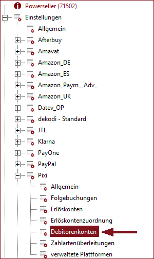 Auswahl der Debitorenkonteneinstellungen über den Struktubaum PIXI