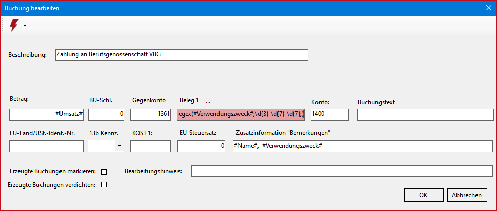 Regex in Buchungsanweisung Beispiel