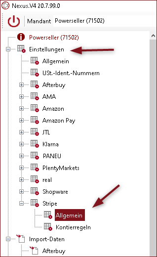 Aufruf der Stripe - Einstellungen