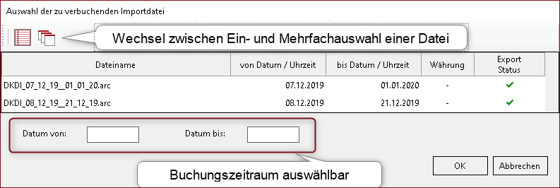 Auswahl der zu verbuchenden Importdaten - Rechnung schreibende Plattform
