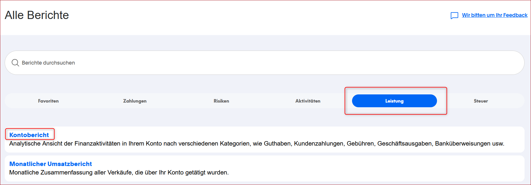 Abb. PayPal Auswahl Leistungen Kontobericht Abb. PayPal Auswahl Leistungen Kontobericht