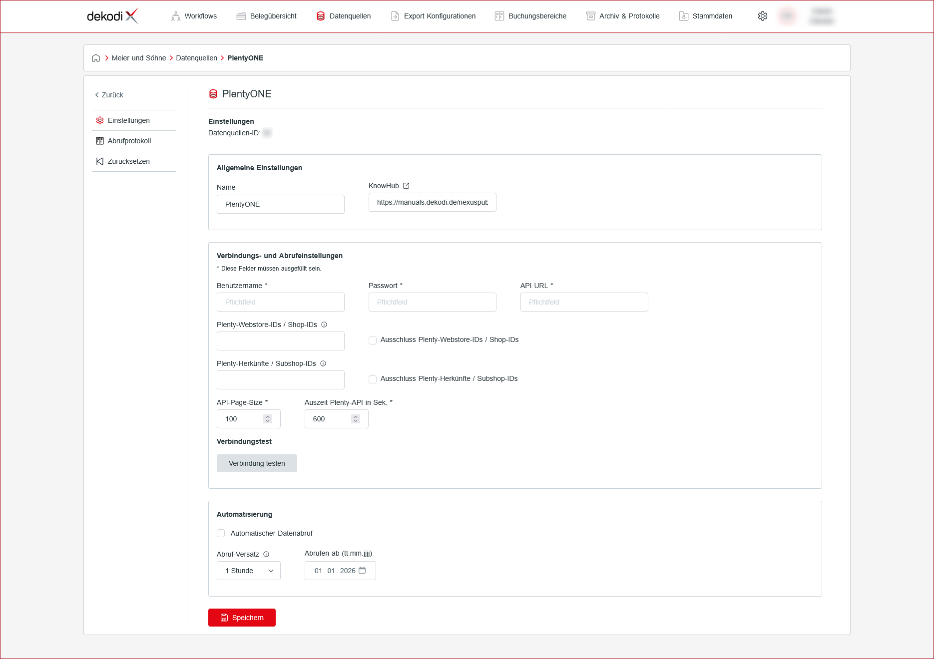 Abb.: Einstellungen der PlentyONE Datenquelle Abb.: Einstellungen der PlentyONE Datenquelle