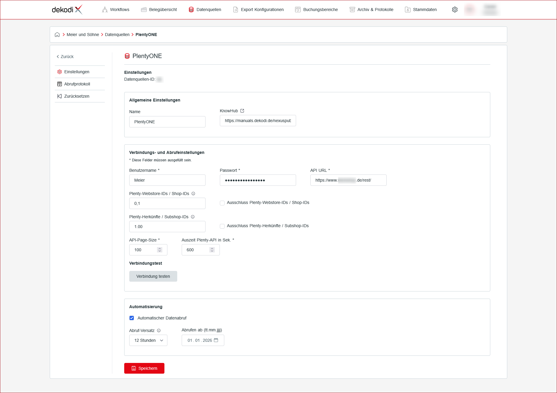 Abb.: Einstellungen PlentyONE Datenquelle ausgefüllt Abb.: Einstellungen PlentyONE Datenquelle ausgefüllt