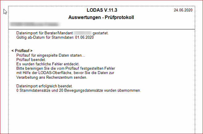 Protokoll fehlerlose Datenübernahme Lodas