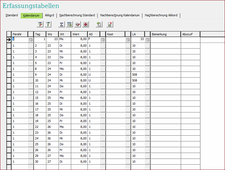 Kalendariumserfassung Tabelle Lodas