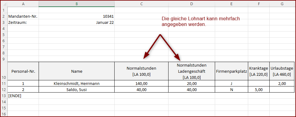 Mehrere Lohnarten Beispiel