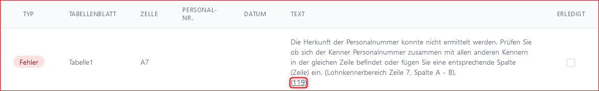 119 Fehlermeldung Personalnummer wurde nicht festgelegt
